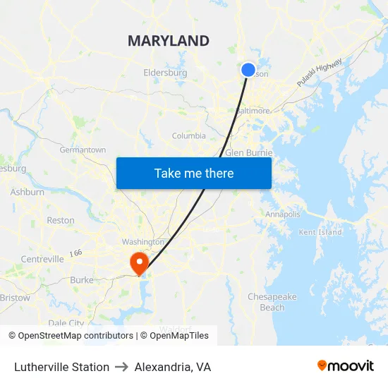 Lutherville Station to Alexandria, VA map