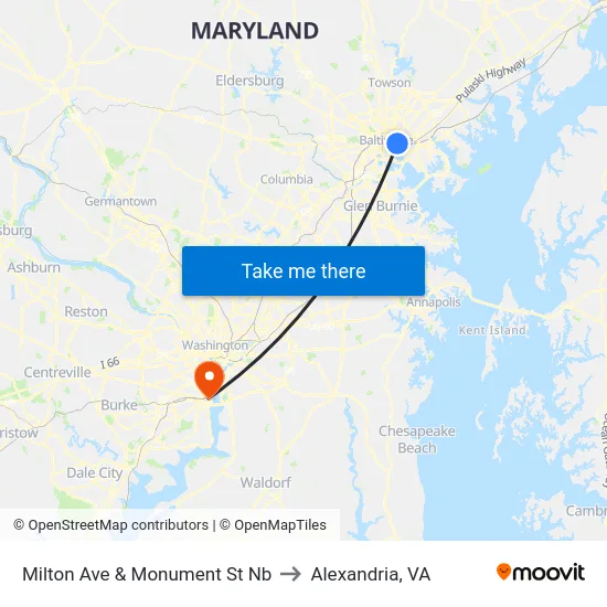 Milton Ave & Monument St Nb to Alexandria, VA map
