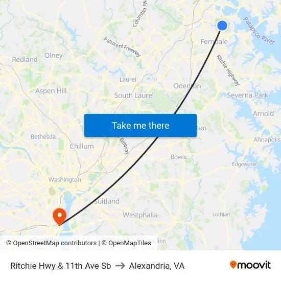 Ritchie Hwy & 11th Ave Sb to Alexandria, VA map