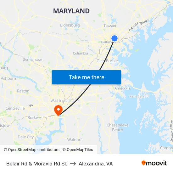 Belair Rd & Moravia Rd Sb to Alexandria, VA map