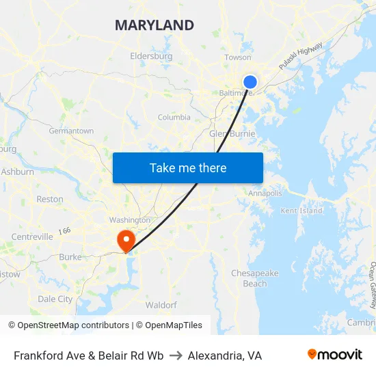 Frankford Ave & Belair Rd Wb to Alexandria, VA map