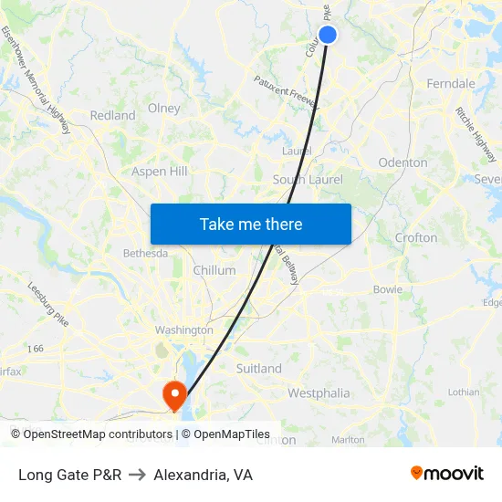 Long Gate P&R to Alexandria, VA map