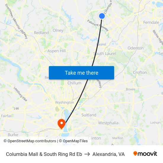 Columbia Mall & South Ring Rd Eb to Alexandria, VA map