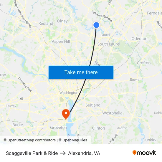 Scaggsville Park & Ride to Alexandria, VA map