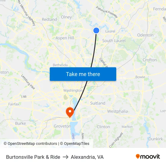 Burtonsville Park & Ride to Alexandria, VA map