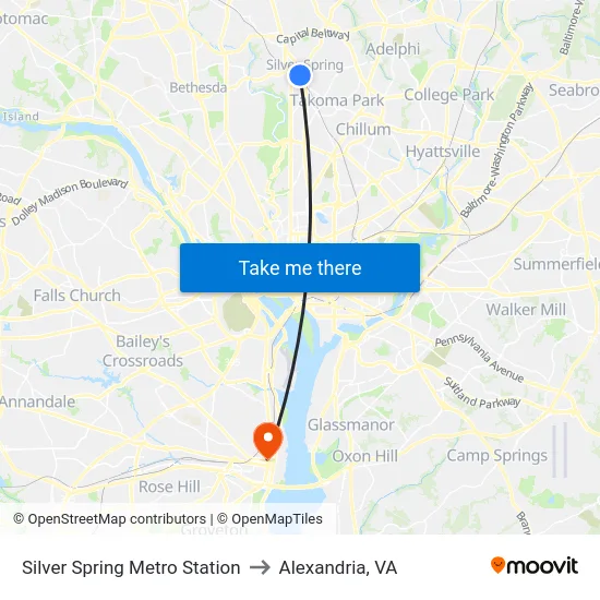 Silver Spring Metro Station to Alexandria, VA map