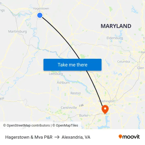 Hagerstown & Mva P&R to Alexandria, VA map