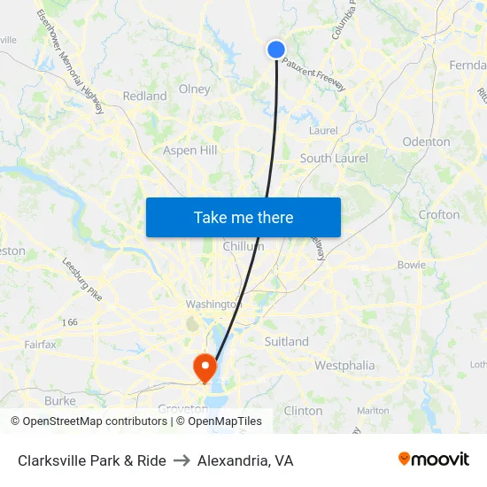 Clarksville Park & Ride to Alexandria, VA map