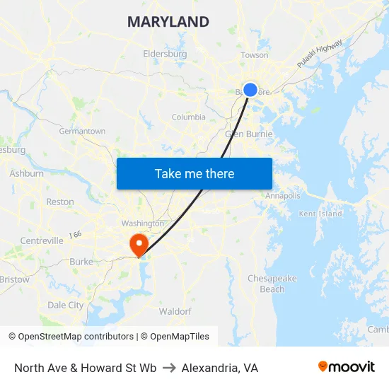 North Ave & Howard St Wb to Alexandria, VA map