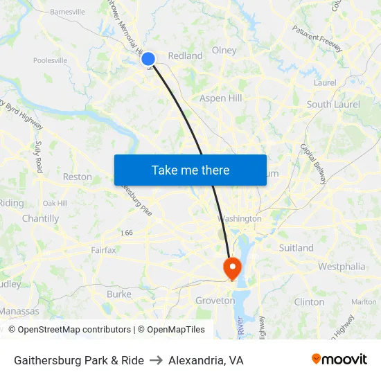 Gaithersburg Park & Ride to Alexandria, VA map