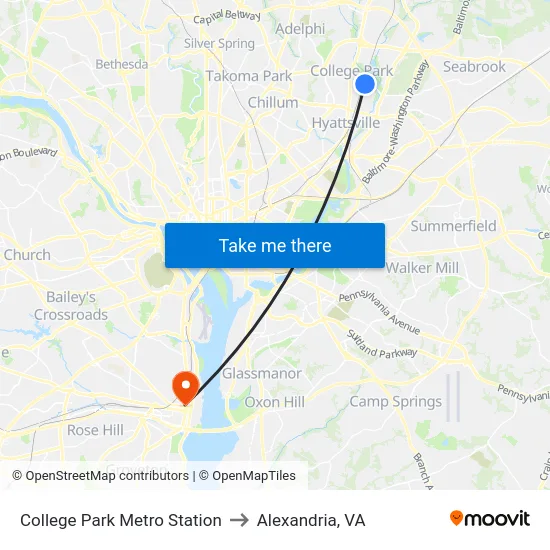College Park Metro Station to Alexandria, VA map