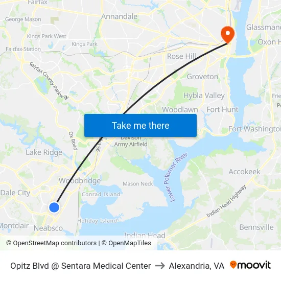 Opitz Blvd @ Sentara Medical Center to Alexandria, VA map