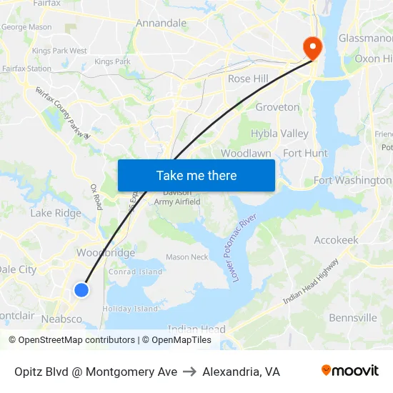 Opitz Blvd @ Montgomery Ave to Alexandria, VA map