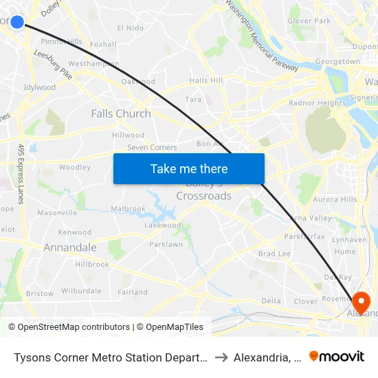 Tysons Corner Metro Station Departures to Alexandria, VA map