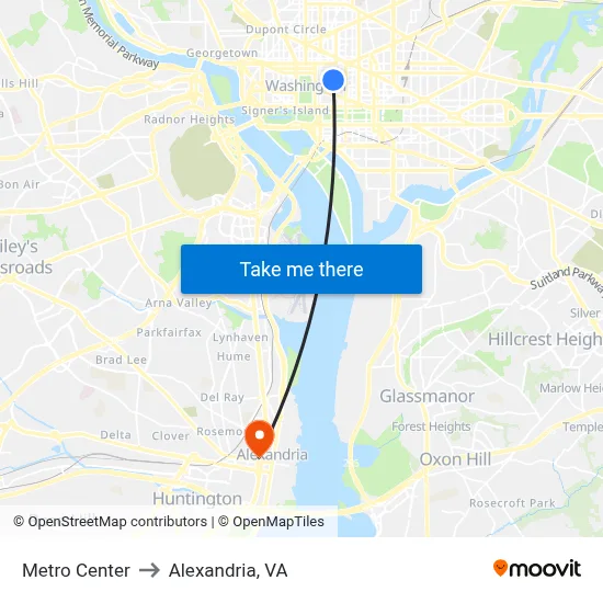 Metro Center to Alexandria, VA map