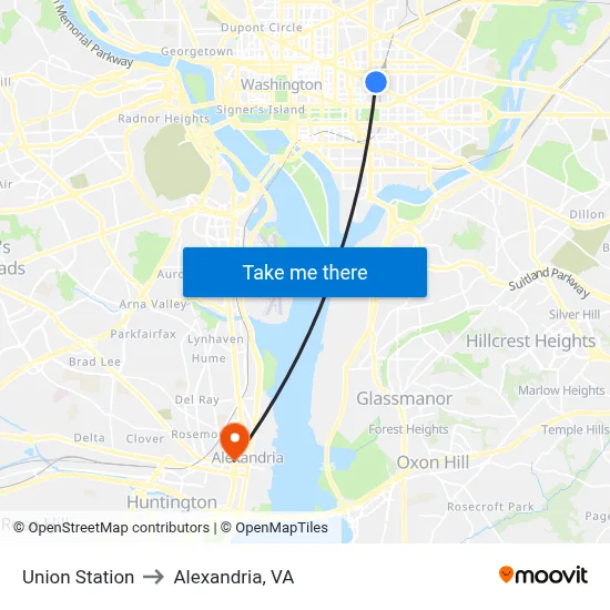 Union Station to Alexandria, VA map