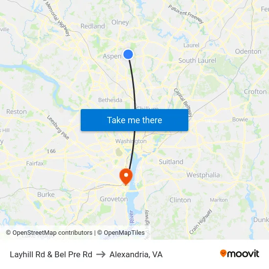 Layhill Rd & Bel Pre Rd to Alexandria, VA map