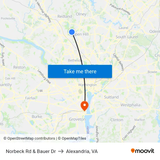 Norbeck Rd & Bauer Dr to Alexandria, VA map