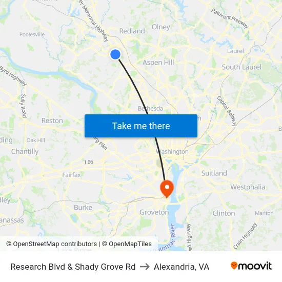 Research Blvd & Shady Grove Rd to Alexandria, VA map