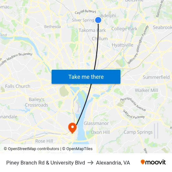 Piney Branch Rd & University Blvd to Alexandria, VA map