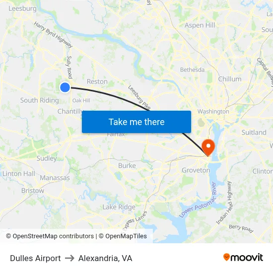 Dulles Airport to Alexandria, VA map