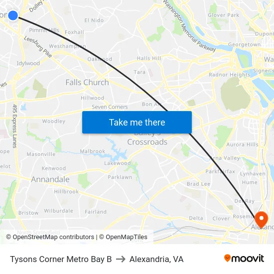 Tysons Corner Metro Bay B to Alexandria, VA map