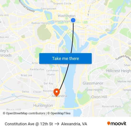 Constitution Ave @ 12th St to Alexandria, VA map