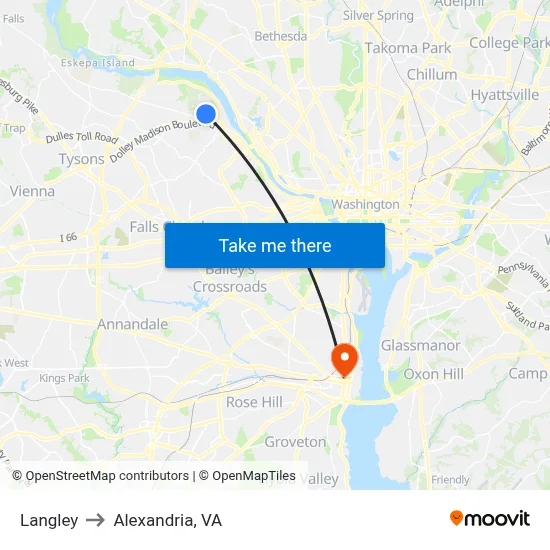Langley to Alexandria, VA map