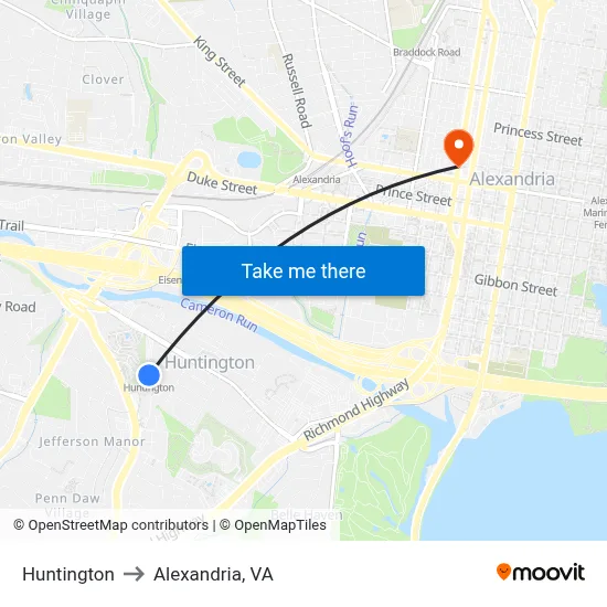 Huntington to Alexandria, VA map