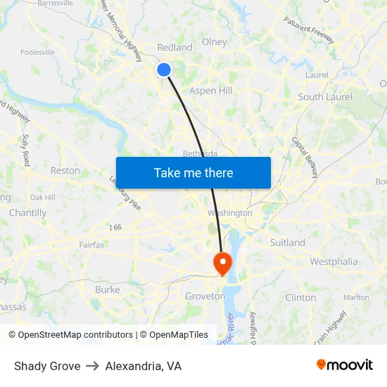 Shady Grove to Alexandria, VA map