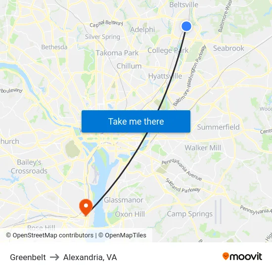 Greenbelt to Alexandria, VA map