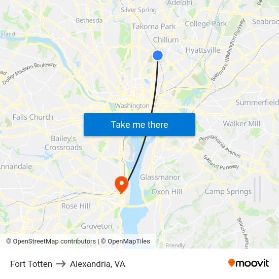 Fort Totten to Alexandria, VA map