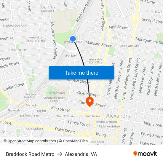 Braddock Road Metro to Alexandria, VA map