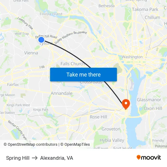 Spring Hill to Alexandria, VA map