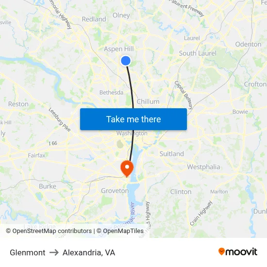 Glenmont to Alexandria, VA map