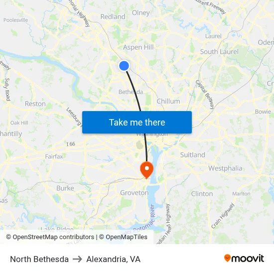North Bethesda to Alexandria, VA map