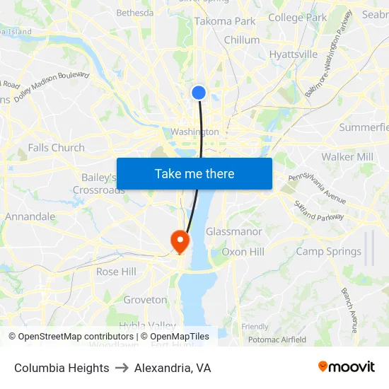 Columbia Heights to Alexandria, VA map