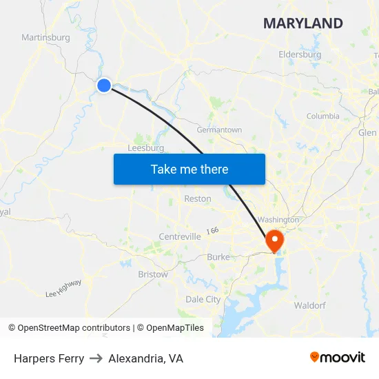 Harpers Ferry to Alexandria, VA map