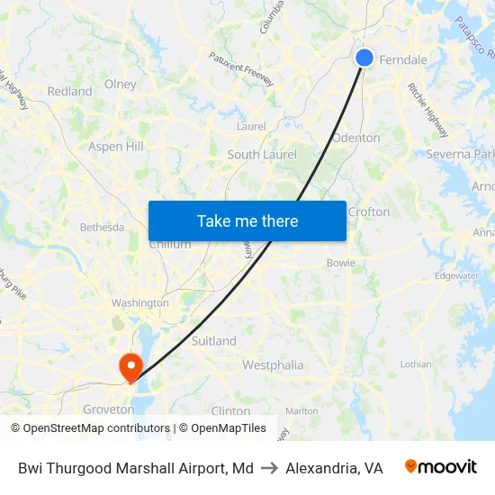 Bwi Thurgood Marshall  Airport, Md to Alexandria, VA map