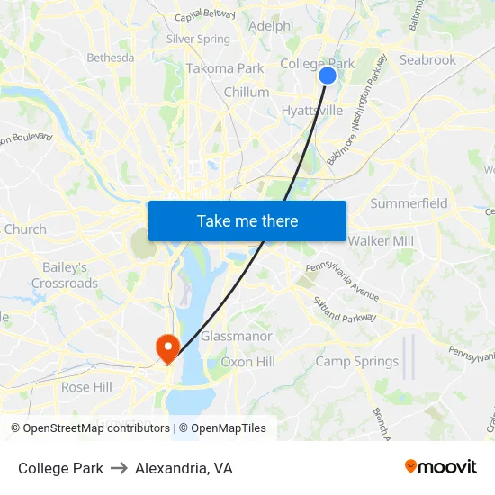 College Park to Alexandria, VA map