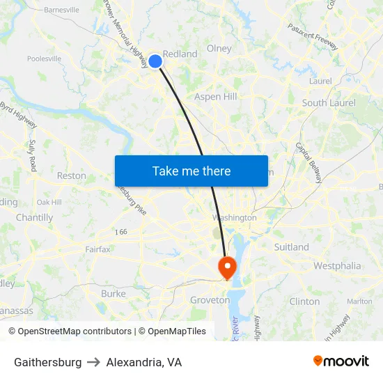 Gaithersburg to Alexandria, VA map