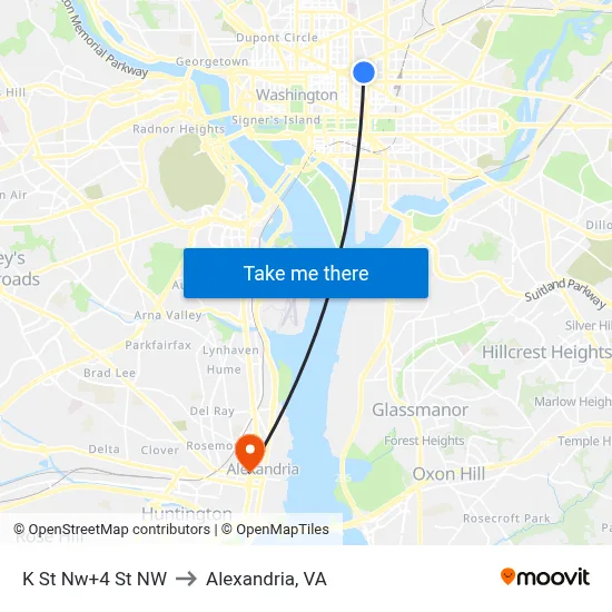 K St Nw+4 St NW to Alexandria, VA map