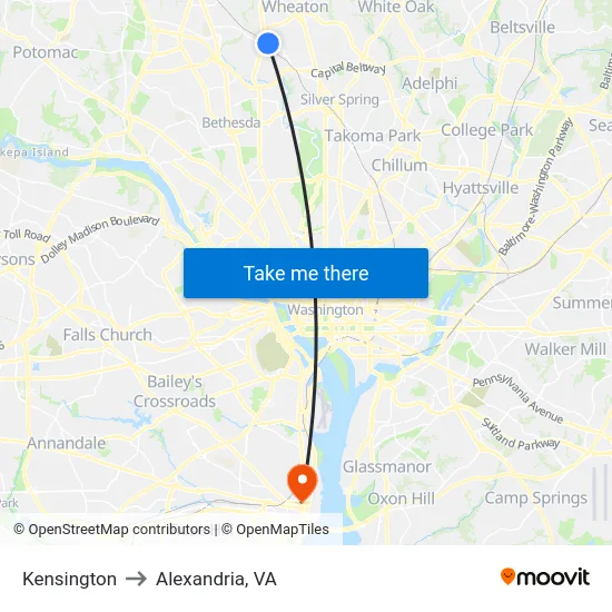 Kensington to Alexandria, VA map