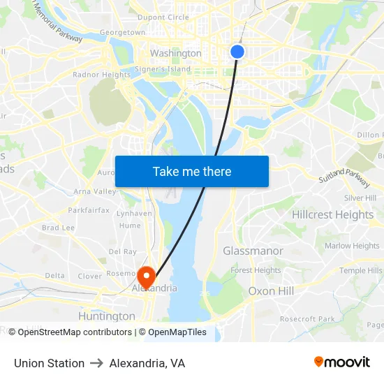 Union Station to Alexandria, VA map