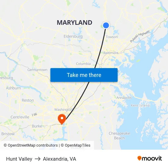 Hunt Valley to Alexandria, VA map
