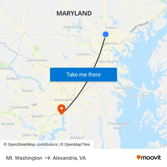 Mt. Washington to Alexandria, VA map
