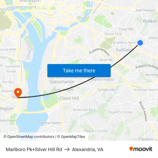 Marlboro Pk+Silver Hill Rd to Alexandria, VA map
