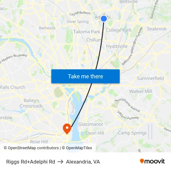 Riggs Rd+Adelphi Rd to Alexandria, VA map