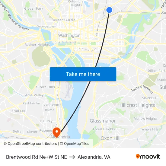 Brentwood Rd Ne+W St NE to Alexandria, VA map