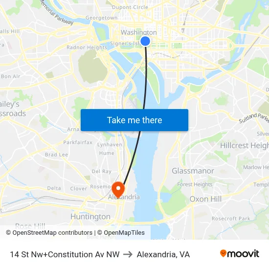 14 St Nw+Constitution Av NW to Alexandria, VA map